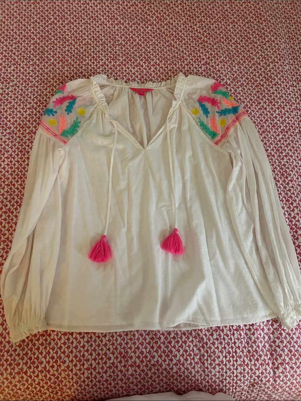 Lilly Pulitzer Embroidered Peasant Blouse with Pink Tassels